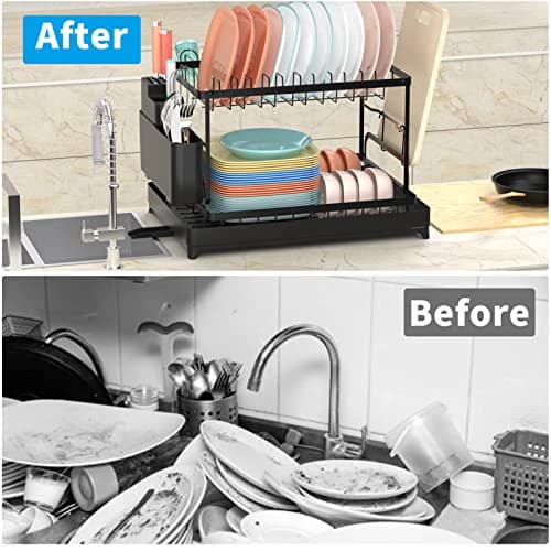 XLMYS Dish Drying Rack, 2 Tier Large Dish Drying Rack for Kitchen Counter with Drainboard Stainless Steel Dish Drainer for Dish/Knifes/Cup/Cutting Board, Black 5