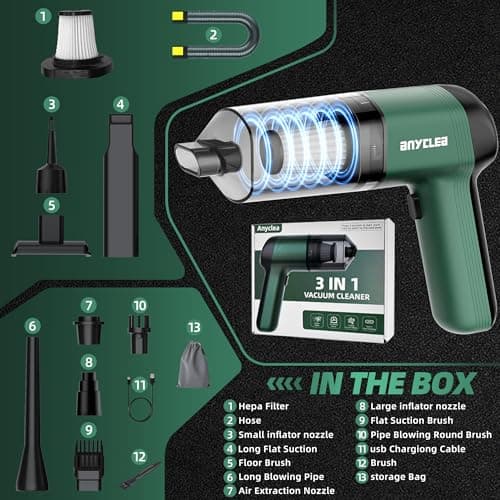 anyclea 3 in 1 Car Vacuum Portable Cordless, 12000PA Strong Suction, 2 Suction Modes, Rechargeable with Type-C, Handheld Vacuum for Car, Office, Home, Pet 7