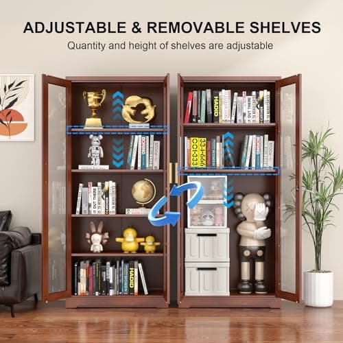 Polup Glass Display Cabinet, Display Case with Glass Doors and Shelves, Metal Curio Cabinets with Locking, 71" Tall Bookcase with Glass Doors for Home, School, Clinic (Wood Color)- Assemble Required 5