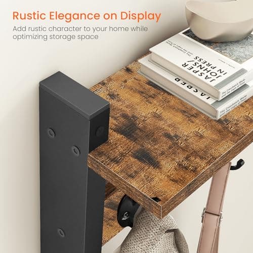 Homode Wall Hooks with Shelf, Wood Coat Rack with Shelf Wall-Mounted, Entryway Hanging Shelves with 5 Metal Hooks for Clothes Hats Towel Purse Robes, Bathroom Mudroom Bedroom, Rustic Brown Black 5