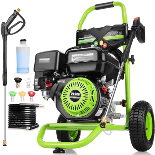 4200 PSI Gas Pressure Washer, 4.0 Max GPM 212CC 7HP Commercial Gas Power Washer, Spray Gun and Wand, 5 Nozzle Set, for Cars/Fences/Driveways/Homes/Patios/Furniture (Green)