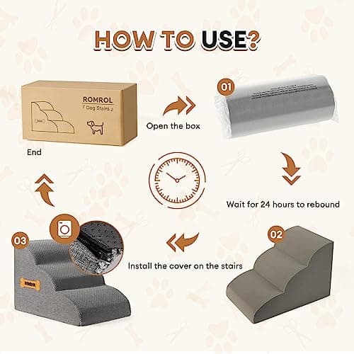 High Density Foam Dog Stairs Ramp for Beds Couches, Romrol Extra Wide Pet Steps with Durable Non-Slip Waterproof Fabric Cover, Dog Slope Stairs Friendly to Small Dogs and Cats or Pets Joints, 3-Tiers 6