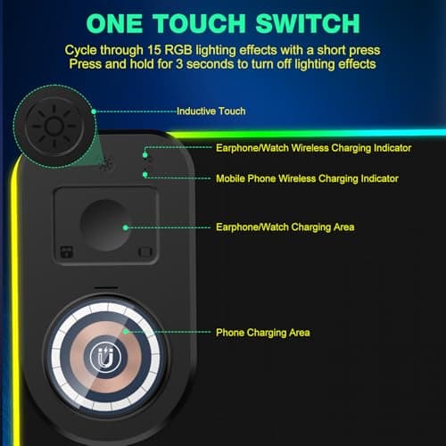 RGB Gaming Mouse Pad Wireless Charging Desk Mat with Foldable Phone Stand, Large LED Gaming Mat 800x350x4mm, 15 Light Modes, Waterproof, Keyboard Pad for PC Computer, Includes 20W PD Power Adapter 6