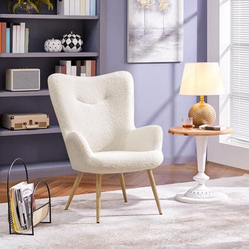 Yaheetech Accent Chair, Modern Boucle Vanity Chair with High Back and Wood-Tone Metal Legs, Sherpa Chair for Living Room, Home Office, Ivory