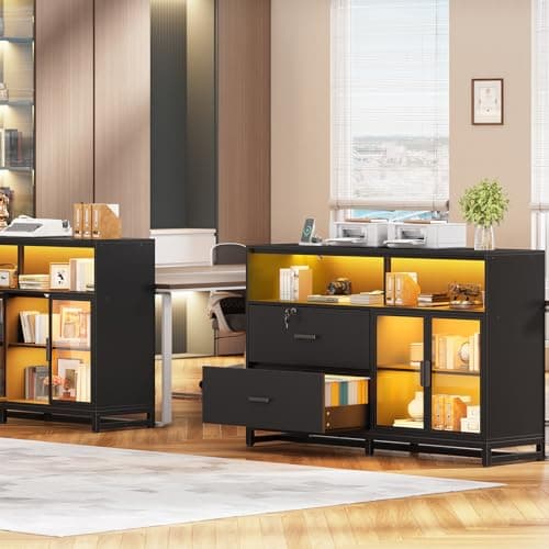 SEDETA 59" File Cabinet, 2 Drawers Filing Cabinets for Home Office fit Legal/Letter/A4 File, File Cabinet with Lock & Power Outlets, Printer Stand with Storage & LED Lights, Black 9