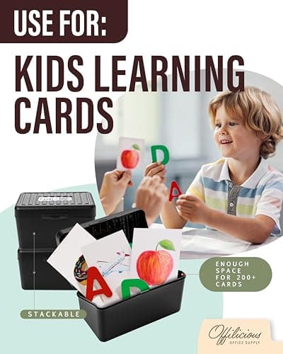 OFFILICIOUS Sturdy Index Card Holder Box 3x5 - Premium Business Card Organizer for Flash Cards, Notecards, Recipes - Recipe Box Case with Plastic Index Cards Dividers & Labels 7