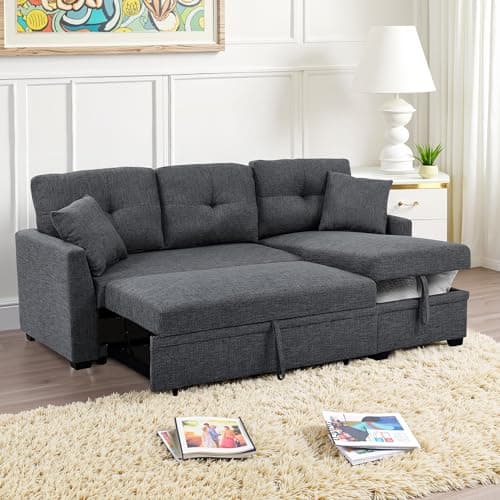 Lyngins L Shaped Sleeper Sofa Bed with Storage Chaise, 83" Pull Out Sofa Sleepers Couch Bed for Living Room Sectional Modular Couch for Apartment, Bedroom, Living Room, 3 Seat, Dark Gray