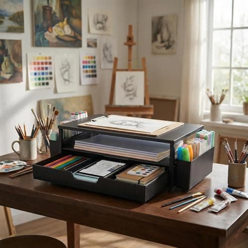 ECOLOVI Desk Organizer and Accessories, 2-Tier Computer Monitor Stand Rise with Storage Drawer & 2 Pen Holders, Laptop & Printer Stand for Desktop, Workspace Organizers for Office Supplies (Black) 9