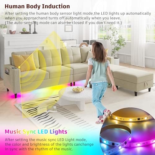 FOMNEY Sectional Couche for Living Room, Modular U Shaped Sofa Couchs with RGB Lights and Charging Ports, 6 Seat Convertible Sectional Sofa with Storage Ottoman (Beige) 5