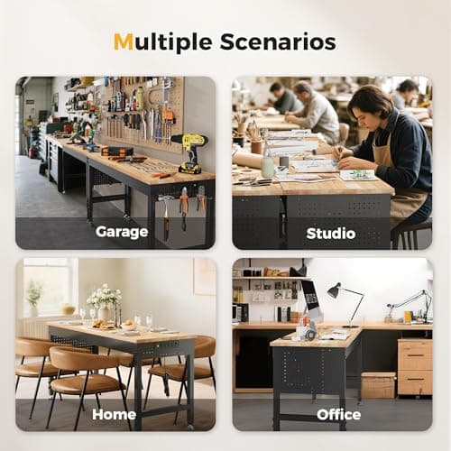 CAMMOO 60" Adjustable Heavy Duty Workbench, 2000 LBS Load Capacity Rubber Wood Work Table with Pegboard, Power Outlets, Work Bench for Garage, Workshop, Office, Home, Commercial 9