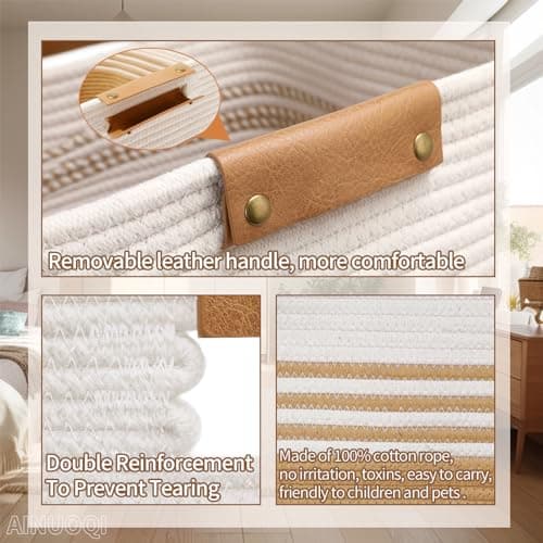 AINUOQI Laundry Hamper Large Laundry Basket with Leather Handles, Decorative Storage Cotton Rope Woven Basket for Blankets, Clothes Hamper for Living Room, Jute & White, 85L 7