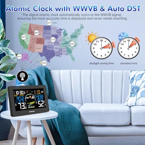 Weather Station Wireless Indoor Outdoor, Digital Thermometer with Remote Sensor, 7.5'' HD VA Display Home Weather Stations, Accurate Temperature Humidity Gauge with Weather Forecast, Atomic Clock 5