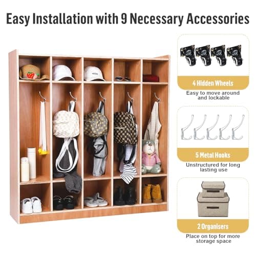 ElfinAura 5-Section Glazed Coat Locker Storage Cabinet, 5 Large Cubbies with Hooks & 10 Small Cubbies, Classroom Coat Locker with 4 Hidden Wheels for Home, Daycare, School, Kindergarten 5