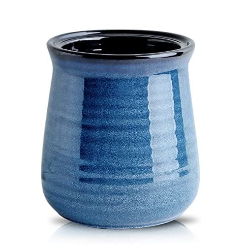 HASENSE Large Utensil Holder Crock for Kitchen Counter, 7.1" Ceramic Cooking Utensil Organizer for Countertop, Farmhouse Vintage Utensil Caddy for Spatula Spoon, Rustic Home Table Decor, Blue