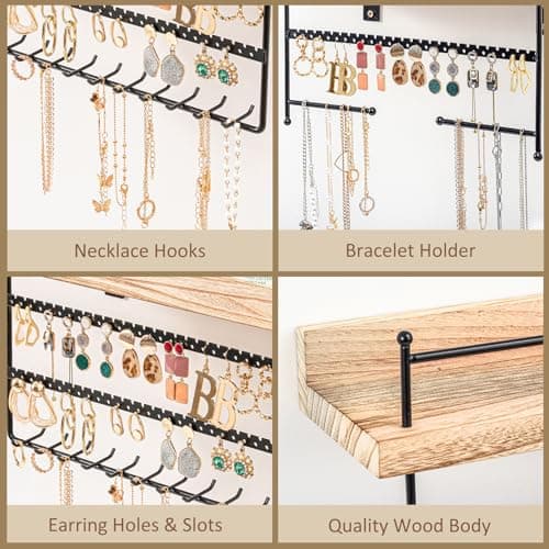 Lolalet Hanging Jewelry Organizer Wall Mount with Earrings, Bracelets, Necklaces Hooks - Easy Install Free Combination Jewelry Holder for Wall Bathroom - Set of 2, Black 6