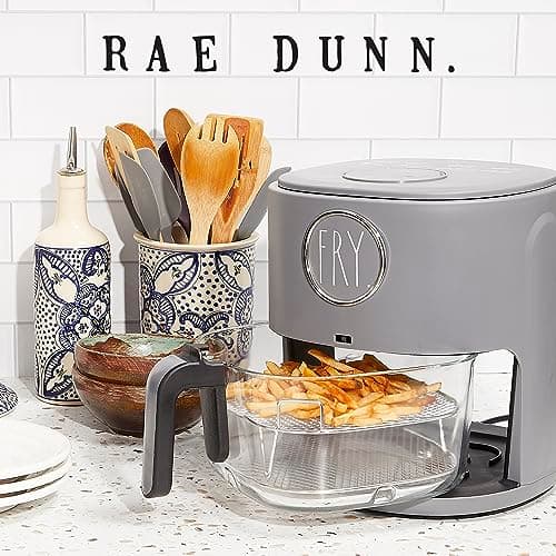Rae Dunn 1200W 4Qt Air Fryer with GLASS Frying Basket, Dishwasher Safe, 2 Tier Tray, 60 Minute Timer, Digital Touch Display, and 6 Presets - Variable Temperature Control 175F - 400F, Grey 5