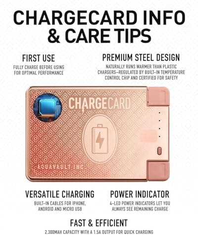 AquaVault ChargeCard – Ultra Slim Emergency Power Bank (2300mAh) – Fits in Wallet – USB-C & Micro-USB – Durable Steel Body – Flight-Safe for iPhone 12-17 & Android - Rose Gold 6