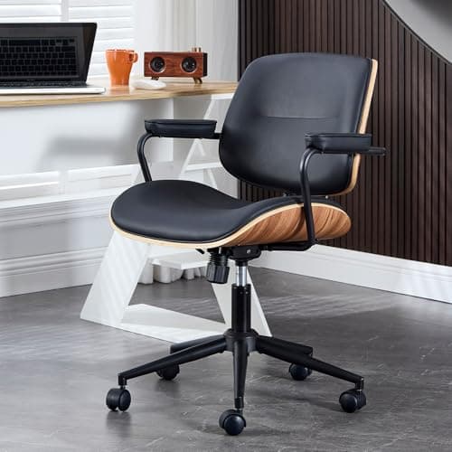 BV Mid Century Modern Office Chair Set of 1, Swivel Rolling Deak Chair with Armrests and Walnut Back, Adjustable Desk Chair for Home Office, Black