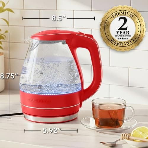 OVENTE Electric Kettle, 1.5L Borosilicate Glass Countertop Water Heater and Boiler for Coffee or Tea, BPA-Free, Auto Shut-Off, Boil-Dry Protection, Removable and Washable Spout Filter, Red KG83R 7