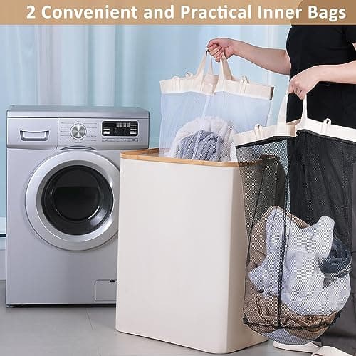 iEGrow 150L Laundry Basket with Lid, Large Laundry Hamper with Bamboo Handle, Collapsible Dirty Clothes Hamper Organizer with 2 Removable Inner Bags for Clothes Toys Towels - Beige 5