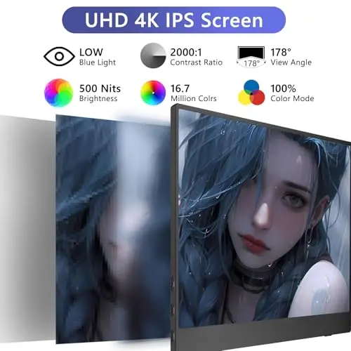 4K Portable Monitor, 15.6 Inch Screen Extender 3240×2160 UHD, 500 Nits 100% sRGB with 45° Adjustable Stand, HDMI & USB-C Computer Display for Travel Monitor Laptop & PC Mac Phone PS4 PS5 Switch 2