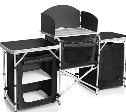 CAMP SOLUTIONS Camping Kitchen Table, Portable Aluminum Outdoor Cooking Station with 3 Storage Cupboards, Outdoor Cooking Table Ideal for Beach BBQ RV Traveling Camping Kitchen and Party (Black)