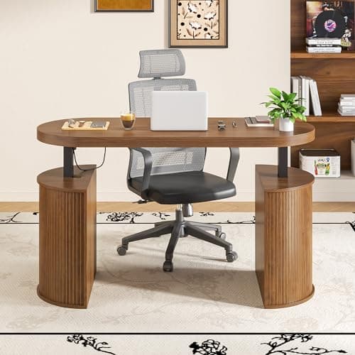 Xyulmeo Mid Century Modern Electric Standing Desk with Storage, 55 x 22 Inch Small Sit Stand Up Desk, Wood Adjustable Height Computer Executive Desk for Home Office, Laptop, Walnut 5