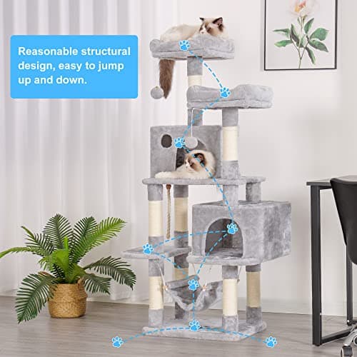 Hey-brother Multi-Level Cat Tree Condo Furniture with Sisal-Covered Scratching Posts, 2 Plush Condos, Perch Hammock for Kittens, Cats and Pets, Light Gray MPJ020-SW 7