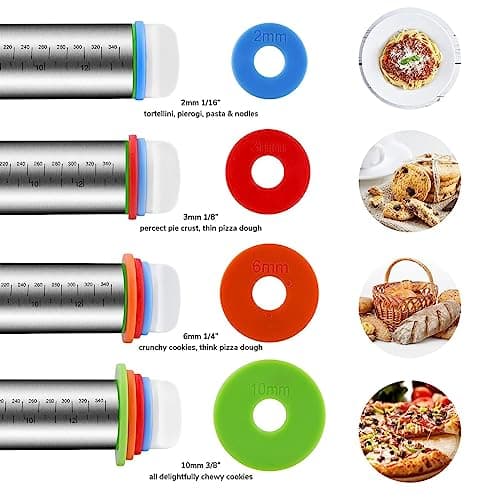 Stainless Steel Rolling Pin and Silicone Mat Set, Adjustable Thickness Rings - For Baking Dough, Pizza, Pies, Pastries, Pasta, Cookies 5