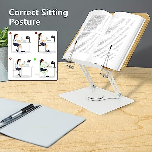 MNKXL Book Stand for Reading,360°Rotating Base Book Holder for Reading Hands Free,Cookbook Stand,Wooden Panel Aluminium Base Stand for Cookbook,Laptop,Textbook 5