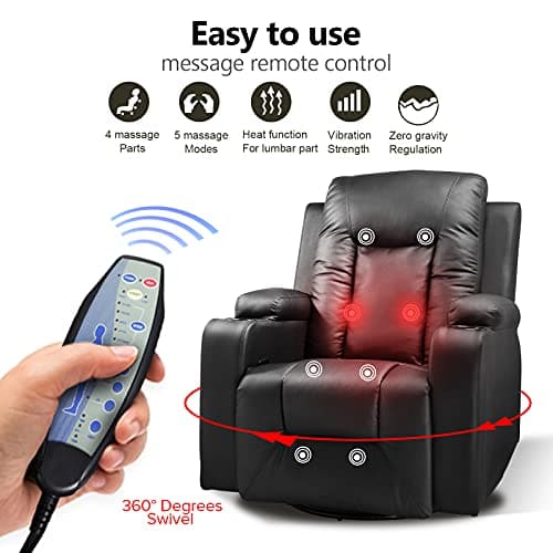 COMHOMA Leather Recliner Chair Rocker with Heated Massage Ergonomic Lounge 360 Degree Swivel Single Sofa Seat Drink Holders Living Room Chair Black 7