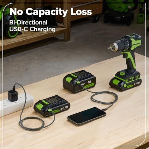 GREENWORKS 24V 1/2" Brushless Cordless Drill (400 In-lbs.), 2.0Ah (12,000mAh Power Bank) USB-C Batteries, 3.3 FT Braided Cable, 30W Charger 11