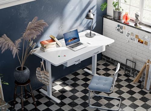 FEZIBO 48 x 24 Inches Standing Desk with Double Wooden Drawers, Adjustable Height Electric Standing Desk, Stand Up Home Office Desk with Splice Tabletop, White Frame/White Top 5