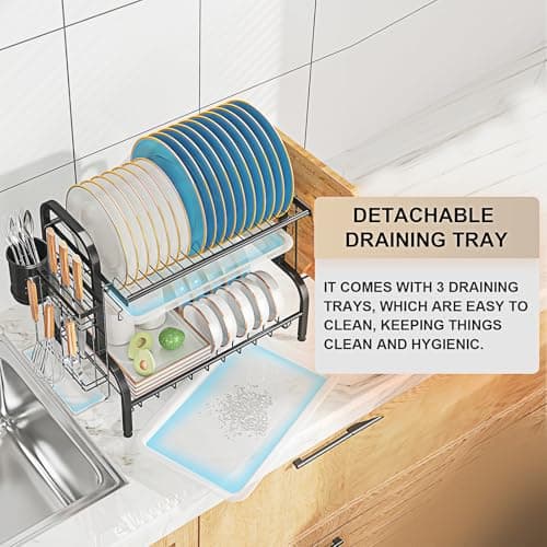 LEGUANG 2-Tier Stainless Steel Dish Drying Rack, Space-Saving Kitchen Organizer for in/Over Sink/Counter, with Removable Drain Tray & Cutlery Holder & Utensil Holder, Black 6