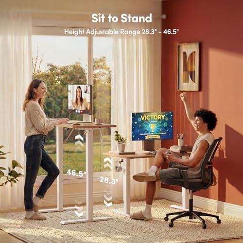 FEZIBO Standing Desk, 48 × 24 Inches Electric Height Adjustable, Sit and Stand Up, Computer Office Desk with Splice Board, White Frame/Maple TOP 5