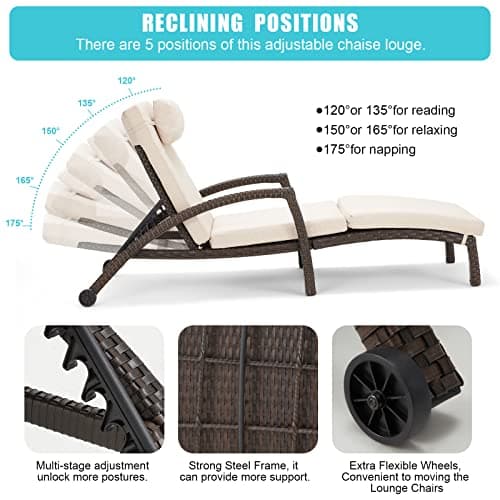 HOMREST Chaise Lounge Chairs Set of 2 for Outside, Adjustable 5 Position Outdoor PE Rattan Wicker Patio Pool Lounge Chair with Arm, Cushion, Pillow and Wheels for Poolside Backyard Deck Porch,Khaki 5