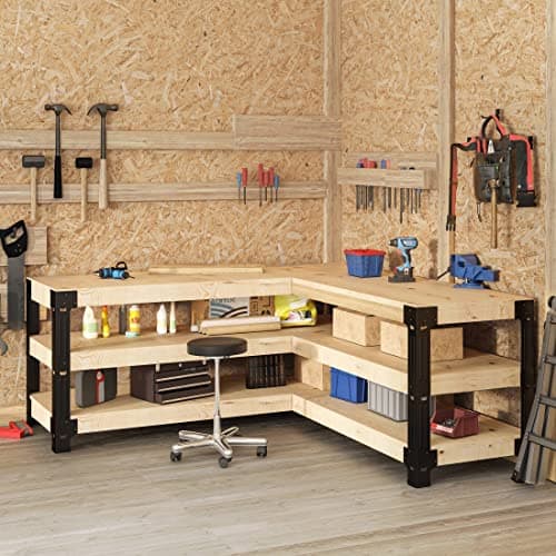 FLEXIMOUNTS Universal Steel Workbench Kit 5 Legs L Shaped Heavy Duty Work Bench for Garage Storage Shelving Workbenches Frame Black Customizable Work Table Brackets, Lumber Not Included 6