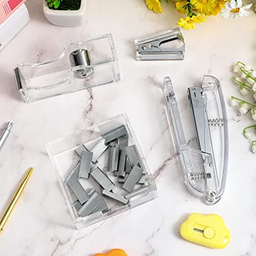 6 Pieces Clear Office Desk Accessories for Student Back to School Office Supplies Include Acrylic Tape Dispenser, Notepad Holder, Stapler, Pen Holder, Staple Remover for Student Teacher 7