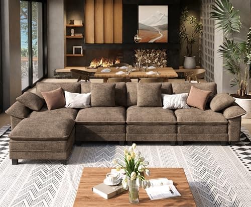 SUNSHINE VALLEY L Shaped Modular Cloud Couch, 157.5'' Oversized Chenille Sectional Sofa with Wider Armrest and Ottoman, Upholstered 5-Seat Modern Deep Seat for Bedroom Living Room, Taupe