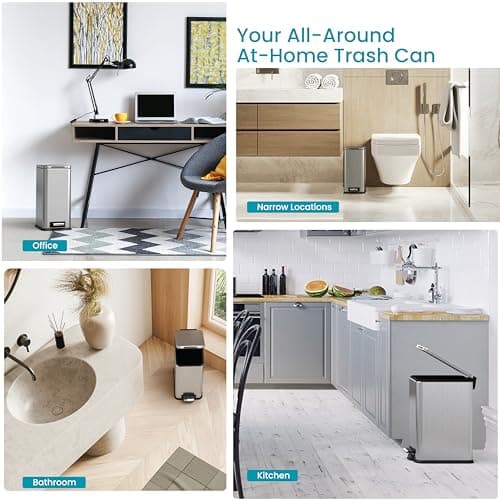 Home Zone Living 4 Gallon Slim Kitchen Trash Can with Soft Close Lid and Step Pedal, Stainless Steel Wastebasket with Removable Liner, Silver 7