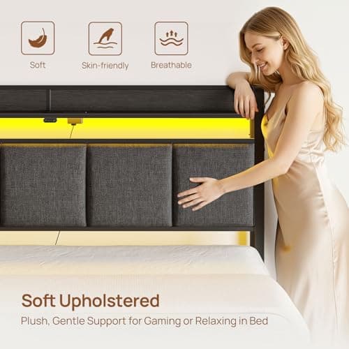 Rolanstar Bed Frame Twin Size with Charging Station and LED Lights, Upholstered Storage Headboard with Drawers, Heavy Duty Metal Slats, No Box Spring Needed, Noise Free, Easy Assembly, Dark Grey 6