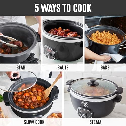 GreenLife 6QT Slow Cooker, Non-Toxic PFAS-Free Ceramic Nonstick Removable Interior Bowl, Programmable, Family Friendly, Keep Warm, Stovetop & Oven Safe, Dishwasher Safe Crock, Timer, Glass Lid, Black 6