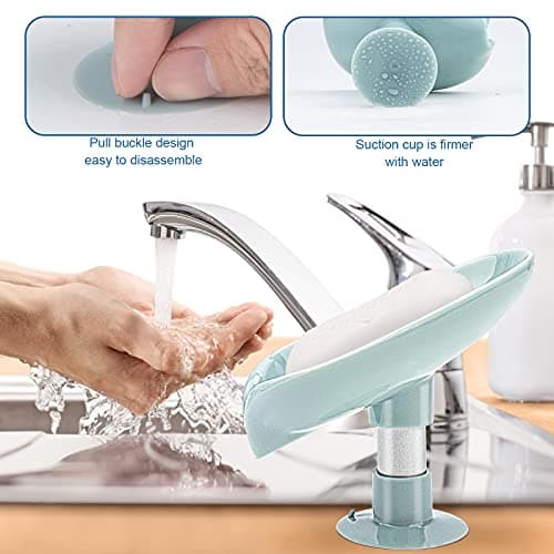 2Pack Soap Holder Leaf-Shape - Self Draining Soap Dish Holder, Not Punched Easy Clean Bar Soap Holder, with Suction Cup Soap Dish Suitable for Shower, Bathroom, Kitchen Sink (Grey + Green) 7