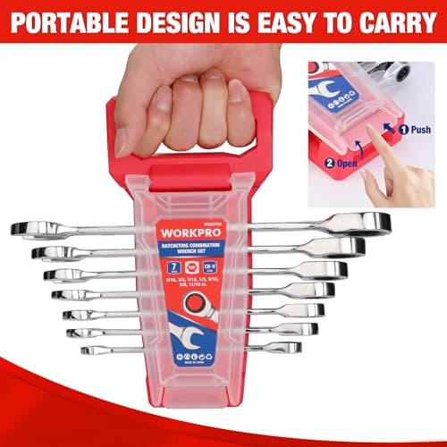 WORKPRO Ratcheting Wrench Set, SAE, 7-piece Ratcheting Combination Wrench Set, 5/16'', 3/8'', 7/16'', 1/2'', 9/16'', 5/8'', 18/16'', 12-Point, CR-V Steel, with Organizer Rack 6