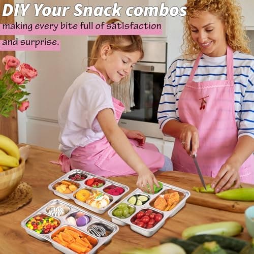 Stainless Steel Snack Containers with Plastic Lids - 3 Pack - 5 Compartments Bento Snack Boxes - Large Reusable Meal Prep for Kids Adult - Divided Food Storage Container for School, Lunch, Home Travel 8