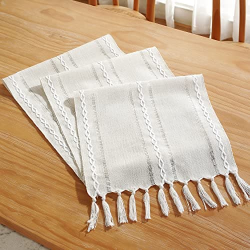 Rustic Farmhouse Style Linen Table Runner, Boho Handmade Tassel Embroidered Table Runners 48 Inches Long for Holiday Party, Wedding and Dining Decorations, 13 inchW X 48 inchL - Ivory 6