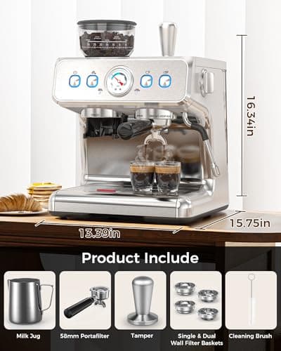 COWSAR Commercial Espresso Machine 20 Bar, Semi-Automatic Espresso Maker with Bean Grinder & Milk Frother Steam Wand, Removable Water Reservoir, Self-Cleaning, Ideal for Cappuccino, Stainless Steel 7