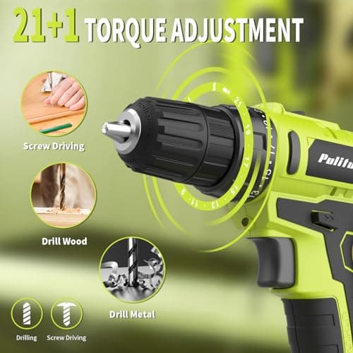 PULITUO'S 20V Cordless Drill/Driver, Electric Screwdriver - 2 Batteries, 30Nm, 21+1 Torque, 2 Speed, Keyless 3/8" Chase Drill with LED Light, Kit for Home (Green) 5