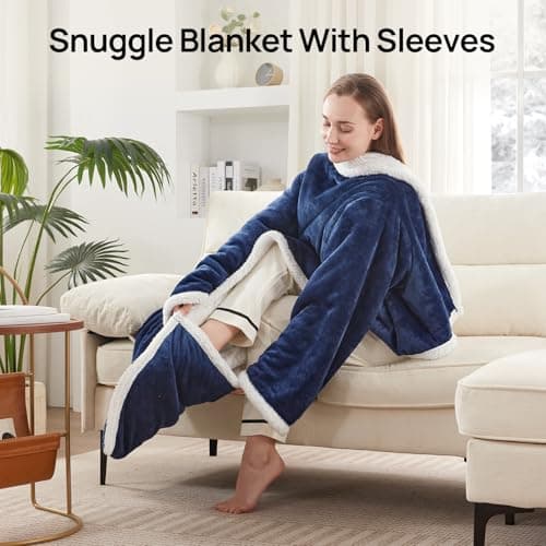 Westinghouse Electric Snuggle Throw Blankets with Foot Pocket, Wearable Heated Blanket with Sleeves, 6 Heating Levels & 2 to 10 Hours Heating Time Settings, 50 * 70"+18", Navy 3