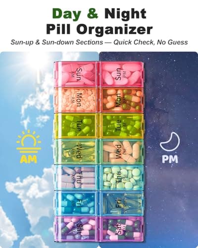 Extra Large Pill Organizer 2 Times a Day, Weekly XL AM PM Pill Case, 7 Day Pill Box Twice a Day, Oversized Daily Medicine Organizer for Vitamins, Big Pill Container, Medication Dispenser (Rainbow) 6